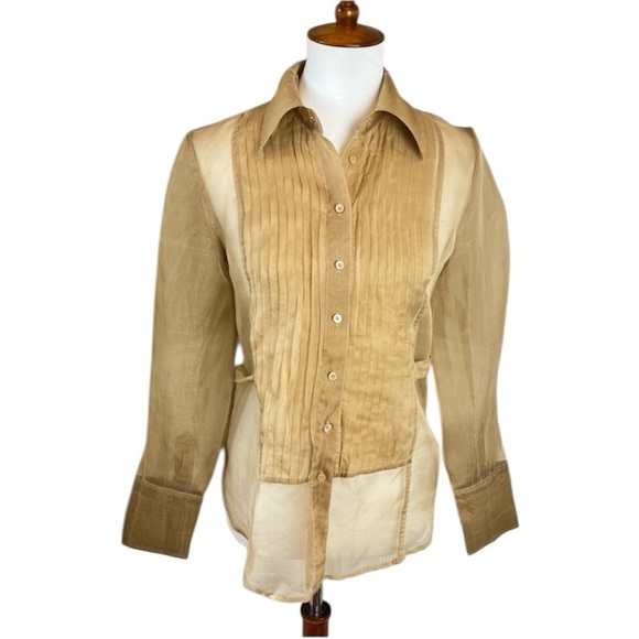 Ideology Tops - Ideology Vintage 100% Silk Gold Sheer Pintuck Button-Down Blouse - Small - Flaw
